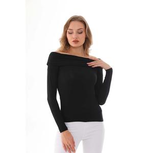 T-shirt a maniche lunghe a spalla aperta da donna-nera