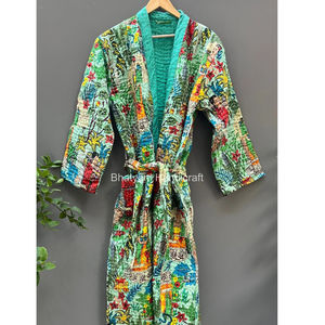 Frida Khalo Inspired Vintage Indian Kantha Jacket Long Quilted Cotton Robe Dressing Gown XL Size for Winter - Product Image 1