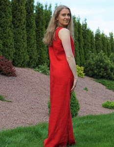 Nuevo Vestido Maxi Rojo de Algodón, Silueta en A, Sin Mangas, con Cinturón, Formal, para Invitadas de Boda, Ecológico, para Mujer - Product Image 4