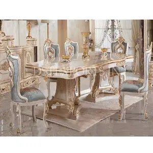 ชุดรับประทานอาหารสไตล์ราชวงศ์โรโคโคเฟอร์นิเจอร์สไตล์ฝรั่งเศส6ที่นั่งชุดโต๊ะอาหารขัดเงาสีขาวทองอิตาลี
