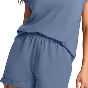 Conjunto de camiseta y pantalones cortos de algodón de estilo sencillo único para mujer, Conjunto de camiseta y pantalones cortos informales con cordón para mujer - Product Image 6