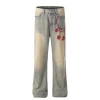 Celana Jeans Denim Pria Kasual Vintage Stone Washed Y2K Hip Hop Streetwear High Street Straight Mid Ringan untuk Musim Gugur/Dingin
