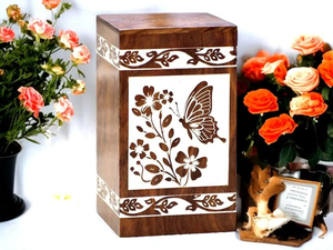 Handmade Sheesham Wood Cremation Urn Butterfly & Floral Inlay <b>Keepsake</b> <b>Box</b> Cremation urns For Adult Ashes - Product Image 5