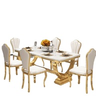 Table à manger en marbre durable, design moderne et luxueux, base en acier inoxydable doré, 6 places, meubles de salle à manger rectangulaires, vente en gros