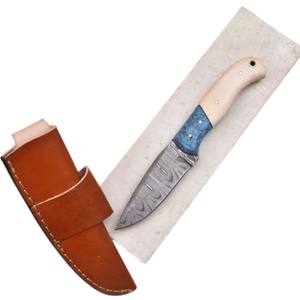 Cuchillo de Caza y Camping de Acero de Damasco Hecho a Mano Más Vendido |   Cuchillo Skinner de Hoja Fija Personalizado con Mango de Hueso y Funda de Cuero (OEM) - Product Image 1
