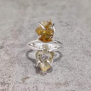 Rough Womens <b>Ring</b> Natural Citrine Gemstone November Birthstone Double <b>Stone</b> Christmas Handmade Jewelry 925 Sterling <b>Silver</b> <b>Ring</b> - Product Image 1