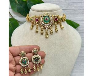 Magnifique ensemble de collier et boucles d'oreilles en or plaqué de haute qualité, orné de kundan, de polki et de moissanite, style Rajwadi, tendance, traditionnel pour femmes - Product Image 1