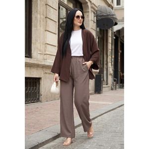 Brown for Tencel Casual <b>Trousers</b> with <b>Elastic</b> <b>Waist</b> Wide Leg and Pockets Breathable Pleated Pants Mid <b>Waist</b> Wrinkled Technics - Product Image 1