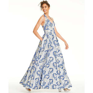 Abito da ballo in raso a trapezio per ragazze Speechless, blu medio, taglia 7, con stampa floreale broccata, scollo all'americana e vita impero, stampa metallizzata - Product Image 3