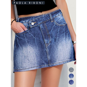 Paola Riboni <b>Denim</b> Skirt Women's A-Line High Waist Washed Blue Summer Fashion <b>Stretch</b> Skinny Mini Skirt - Product Image 1