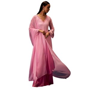 Vente en gros de vêtements ethniques de fournisseur d'usine de vêtements personnalisés Kurta à manches cloche ombre rose avec palazzo et Dupatta - Product Image 2