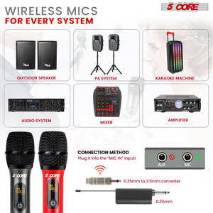 5Core <b>Wireless</b> <b>Microphone</b> Pair UHF Handheld Microfonos Inalambricos Cordless Mic RED + GRAY - Product Image 5