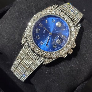 High Quality Luxury Diamond Blue Colors Silver Big Rhinestones On Trim And Elegant Bling Iced Out Hip Hop Watch - Product Image 3