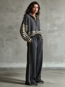 EVERGLOW <b>Women</b> Low Waist Wide Leg Striped Sweatpants Drawstring Closure Full Length Cotton <b>Leisure</b> Bottoms Winter Style - Product Image 2