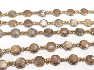 Brass Natural Moonstone Multi Color AB Coated <b>Coin</b> Shape Briolette 9mm Bezel Connector Chain for Jewellery Making Sold Per Foot - Product Image 4