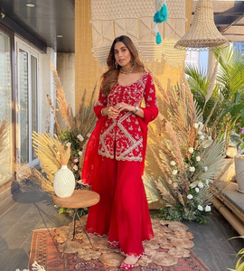Beautiful Red Sharara Gharara Suit for Woman, Traditional Embroidery Dress <b>Bollywood</b> Inspired Readymade <b>Outfit</b> Ethnic Wear 3 Pcs - Product Image 2
