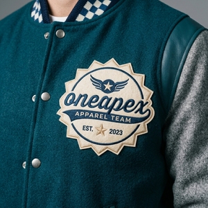 Men's Teal Wool Letterman <b>Jacket</b> Grey Sleeves Custom Logo <b>Checkered</b> Rib Knit Collar Cuffs Snap Front Luxury Streetwear Outerwear - Product Image 4