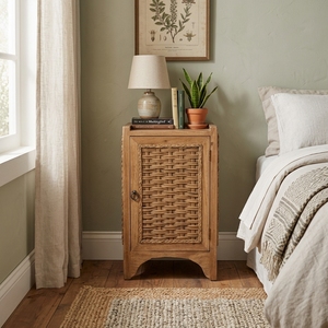 Table de chevet vintage multifonctionnelle en bois massif et rotin à 2 tiroirs, marron, pour chambre à coucher, salon, école, meubles - Product Image 4