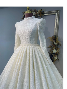 Luxury Modern <b>High</b> <b>Neck</b> Long Sleeve Floor-Length Ball Gown Bridal <b>Wedding</b> <b>Dress</b> Sparkling Stone Pearl Embroidery Eco-Friendly - Product Image 5