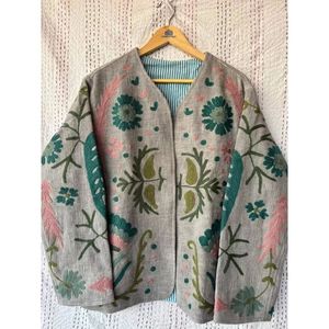 Reversible Ladies Suzani Embroidery <b>Short</b> <b>Jacket</b> Quilted Boho Bomber Coat Suede Leather Soft Comfortable Autumn Spring Winter - Product Image 3