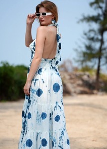 Traditional Womens Summer Floor-Length A-Line 100% Cotton V-Neck Long Sleeve Ruffled Formal <b>Dress</b> - Product Image 4