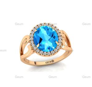 Superventas Diseño clásico Forma ovalada Topacio azul suizo natural Piedra preciosa y diamantes pavimentados Anillos solitarios de oro amarillo sólido de 14K - Product Image 5