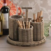 Porte-couverts décoratif en rotin tressé à la main en jacinthe de mer, 4 compartiments, luxe léger, écologique, pour cuillères et fourchettes