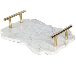 Plateau rond décoratif en marbre blanc avec support en métal, en vente, moderne, luxueux, passe au lave-vaisselle, fait à la main - Product Image 3