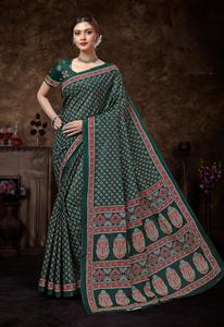 Puro pesado Malai algodón Ajarakh impreso Sari para mujeres venta en línea - Product Image 3