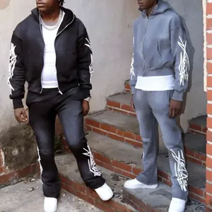 Ensemble de survêtements pour hommes en gros Jogging Lourd Soleil Délavé Baggy Pantalon de survêtement droit Lavage à l'acide Sweat à capuche Soleil Délavé Costumes de survêtement évasés - Product Image 2