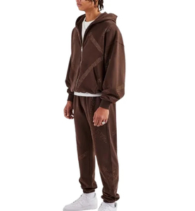 Survêtements en molleton avec strass délavés à l'acide de haute qualité avec sérigraphie personnalisée Sweat à capuche avec logo Ensembles de survêtement avec strass - Product Image 6