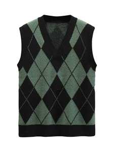 Gilet en tricot tendance en coton pour hommes, col en V personnalisé, style coréen, uni, rayé, pull - Product Image 2