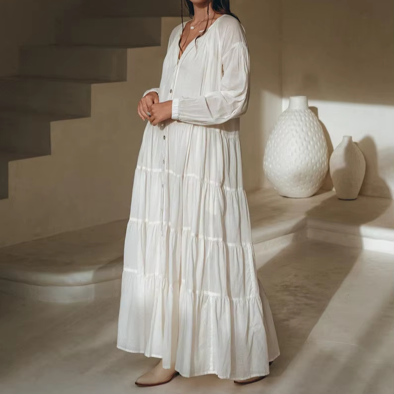 boho plain dress White Solid Floral Tiered Cotton Maxi V-neck Long Sleeves Button Front Dyed Natural Waist Eco-friendly pin up dress Plus Size Beaded Satin Size:Dresser kind cotton lace on
