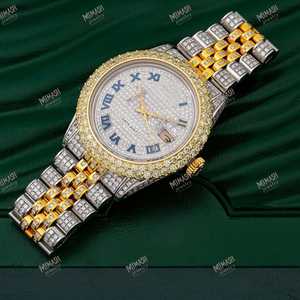 Best Quality Fully Iced Moissanite Diamond Stainless Steel <b>Watch</b> Premium Blue Numeral Roman Dial Auto Date Gold Accent <b>Watch</b> - Product Image 1