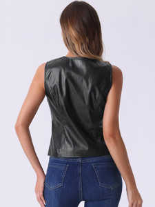 Haut femme tendance automne hiver veste en cuir solide col tournant manches longues respirant doublure en Satin personnalisable teint uni - Product Image 3