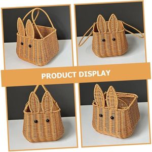 Cute Rabbit Rattan Storage <b>Basket</b> with Lid Kids <b>Nursery</b> or Bathroom Organizer Woven Straw Bin - Product Image 5