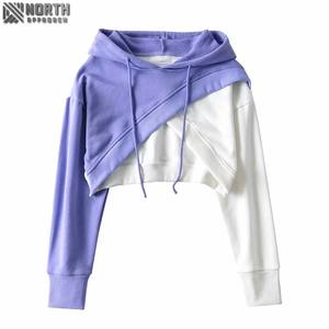 Contraste croix manches longues femmes haut court à capuche Ins Style pull à capuche personnalisé pour femmes vêtements 450 gsm à capuche - Product Image 6