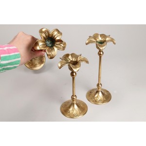 Beautiful Set of 3 Art Nouveau Flower Brass Candlestick Holders Vintage Floral Jugendstil Solid Brass Taper Candleholders - Product Image 2