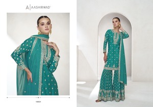 Elegante Chinon de seda bordado Palazzo Salwar Kameez Invitados DE BODA étnicos elegantes Ropa festiva Dupatta para celebraciones Indias - Product Image 2