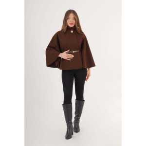 Poncho café à bouton unique pour femme avec ceinture – Manteaux pour femme en gros - Product Image 5