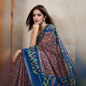 Sari traditionnel festif de mariage, imprimé ikat brun, chanderi, vêtement de cérémonie pour femmes, boutique indienne, design Bollywood, sari noir - Product Image 2