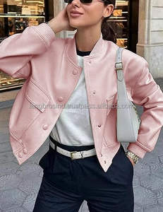 Veste universitaire à logo personnalisé pour femmes courte 100% polyester respirant durable manches longues lettre décoration teinte unie pour - Product Image 4