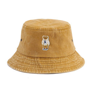 Embroidery <b>Bucket</b> Sun <b>Hats</b> Custom Washed-Effect Fisherman <b>Hat</b> With Teddy Bear Wearing A White Sweatshirt - Product Image 2