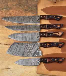 Cuchillo de cocina de hoja de acero de Damasco hecho a mano personalizado, 5 uds., nuevo juego de cuchillos de Damasco japoneses clásicos con Kit de cuero - Product Image 3