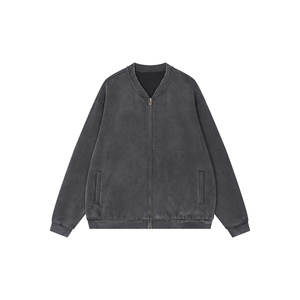 Blouson de baseball vintage en polaire délavée avec col montant, fermeture éclair, imperméable, brodé, patchwork, style streetwear - Product Image 1