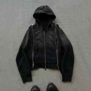 Haute qualité personnalisé Y2K blanc lavage à l'acide coton Streetwear unisexe poids lourd surdimensionné recadrée Boxy masque pleine fermeture éclair à capuche - Product Image 2