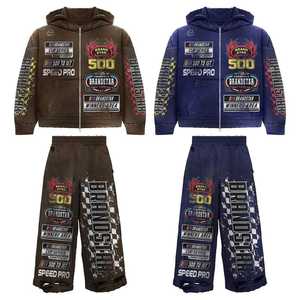 Ensemble de survêtements à capuche en coton lavé à l'acide respirant avec logo personnalisé Survêtement écologique pour hommes, vêtements décontractés de gymnastique d'hiver pour le fitness - Product Image 3