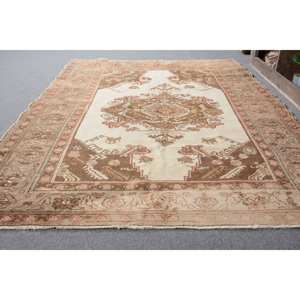 พรมขนสัตว์สีน้ำตาลเบจแบบตะวันออกขนาด4.9x7.8ฟุตแนววินเทจสไตล์ตุรกีผืนใหญ่งานเย็บปะติดสี่เหลี่ยมผืนผ้าขนาดใหญ่พรมแอบสแตรกสำหรับห้องโถงห้อง - Product Image 3