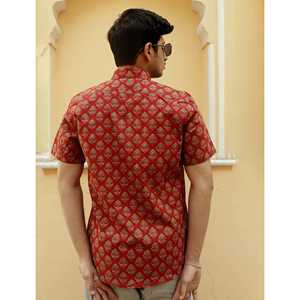 Camisa Casual de Algodón Popelín Rojo Estampada para Hombre, Manga Corta, Cuello Mao o Sin Cuello, Talla 6XL, 100% Algodón, Suministro ODM - Product Image 3