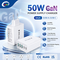 Pengisi Daya Dinding GaN 50W 3USB-A+2USB-C Multi Port PD QC Pengisi Daya Cepat  Colokan EU US UK AU Bersertifikasi CE RoHS UKCA Pengisi Daya Perjalanan untuk Ponsel